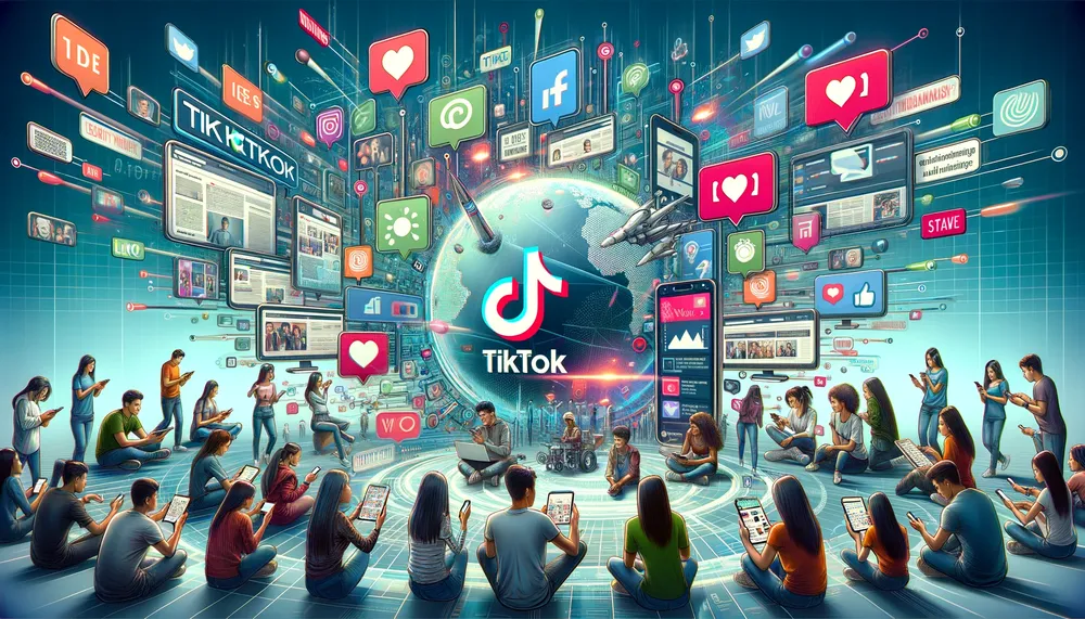 DALL·E-2023-11-24-09.40.17-A-modern-wide-format-digital-illustration-symbolizing-TikTok-Transforming-Journalism-emphasizing-the-theme-Connecting-with-Youth_-The-Era-of-Vira